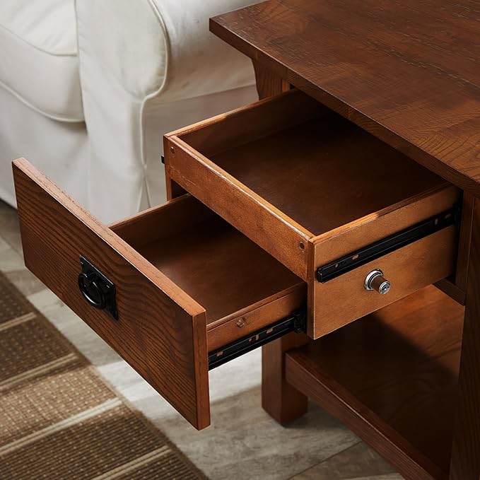 Leick Home Mission End Table, Solid Wood, 1 Storage Drawer, Additional Secret Compartment, Bottom Display Shelf, Easy-Assembly, Medium Oak, 20 in L x 24 in W x 24 in H, 8222-SC