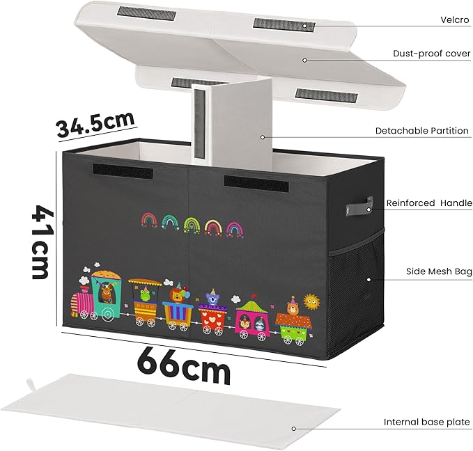 80L Large Toy Storage Box with Lid, Large Toy Box Chest Kids, Girls and Boys, Nursery Room and Living Room, 26"x13" x16" (black-train)