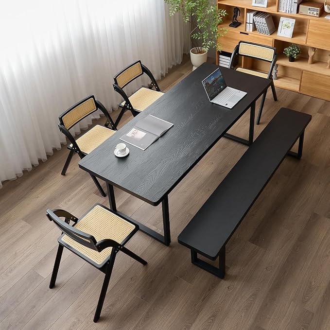 Modern Solid Wood Dining Table with Metal Base Stylish Durable Dining Room Table in Black Multiple Sizes Home Use Office Desk(78.74in)