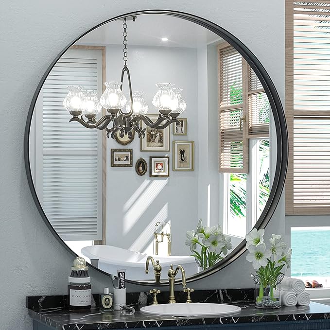 Keonjinn Black Round Mirror 24 Inch, Brushed Black Framed Circle Mirror for Bathroom, Aluminum Alloy Metal Frame, Modern Farmhouse Decorative Wall Mirror for Entryway, Living Room
