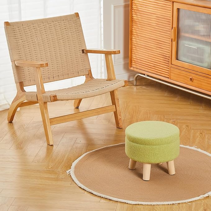 Wimarsbon Storage Ottoman, Modern Round Footrest with Soft Padded Seat, Teddy Velvet Footstool with Wood Legs, Accent Small Table or Plant Stand for Hallway, Living Room (Brilliant Green)