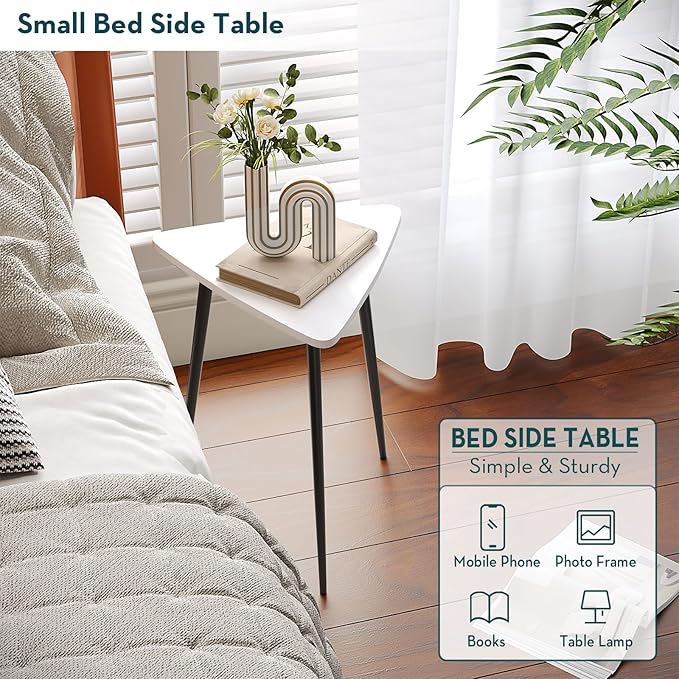 SAYGOER White Side Table Small Triangle End Tables Modern Narrow Sofa Table for Living Room Bedroom Small Space Unique Wooded Bedside Table,Medal Black Frame 13.5" W x 12.3" D x 17.7" H