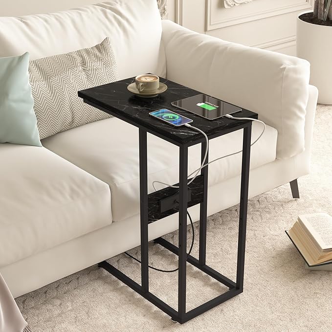 VECELO C Shaped End Side Table with Charging Station & Power Outlets for Couch Sofa/Bed, Snack TV Tray with Metal Frame for Living Room Bedroom 2 Set, Black Marble