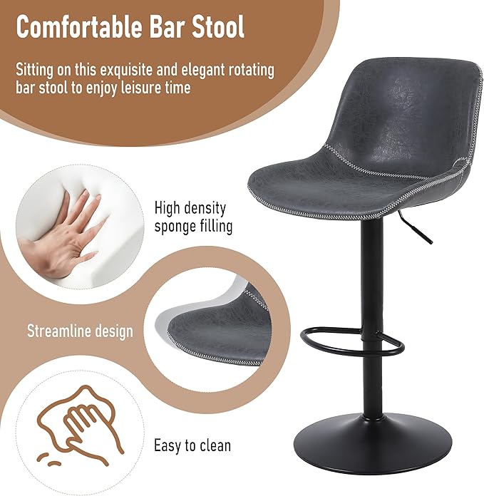Bar Stools, Swivel Counter Height Barstools with Back, Adjustable Modern Bar Chairs, Tall Armless PU Leather Kitchen Island Stool (Black 02, Set of 3)