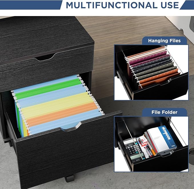 HollyHOME File Cabinet, 2 Drawers Filing Cabinet for Home Office, with Wheels, for A4, Letter Sized Documents, Hanging File Folders,Black
