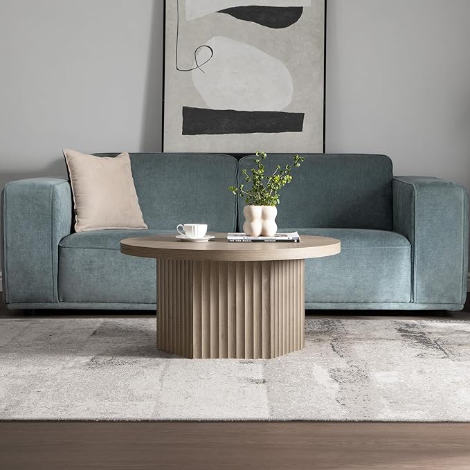 SICOTAS Round Coffee Table for Living Room, Modern Fluted Circle Center Coffee Table with Storage, 32" Accent Tea Dining Table for Apartment, Grey Alder