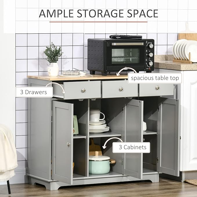 HOMCOM Sideboard with Solid Wood Countertop, Modern Kitchen Storage Cabinet, Coffee Bar Cabinet with 3 Drawers, Doors and Adjustable Shelf, Gray