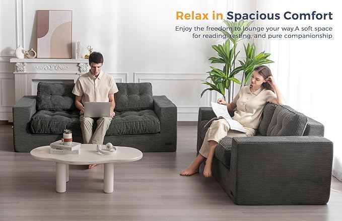MAXYOYO 3 Seater Couch for Living Room, Boneless Couch with Tufted Cushion & Backrest, Upholstered Floor Sofa with Armrests, Sofa in A Box, No Assembly Required, Dark Grey