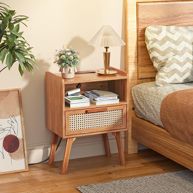 Lerliuo Rattan Nightstand with Charging Station, Side Table with Drawer, Cane Accent Bedside End Table with Solid Wood Legs, Night Stand for Bedroom, Dorm and Small Spaces (Tea Brown)