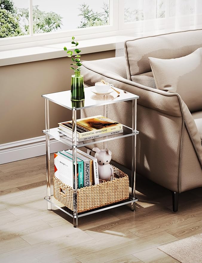 Acrylic Side Table Clear 3-Tier End Table for Living Room, Office, Hallway, Bedroom Small Bedside Table (8mm Thick Shelves)