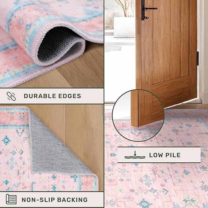 Washable Pink and Blue 6x8 Boho Rugs for Bedroom Girls, Living Room Kids Playroom Nursery Room, Modern Floral Distressed Design, Soft Low Pile Non Slip Stain Resistance Carpet