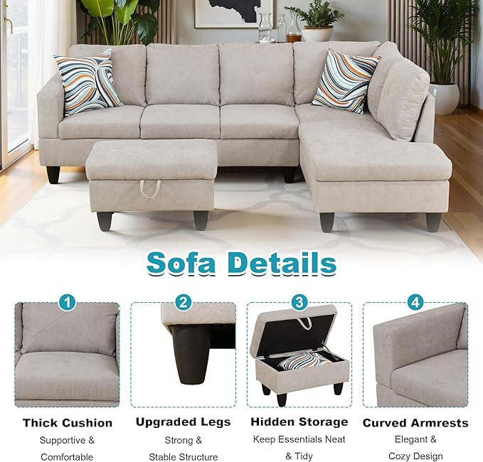 97" Oversized Sectional Couch, L Shaped Couch with Storage Ottoman, Modern Modular Sofa with Deep Seat, Sectional Couches for Living Room and Office, Off-White (Flannelette)