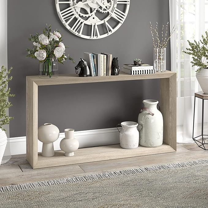 Henn&Hart 55'' Wooden Rectangular Console Table Entryway Table, Sofa Table with Wooden Shelf for Entryway, Living Room, Couch, Hallway, or Office, Antiqued Gray Oak