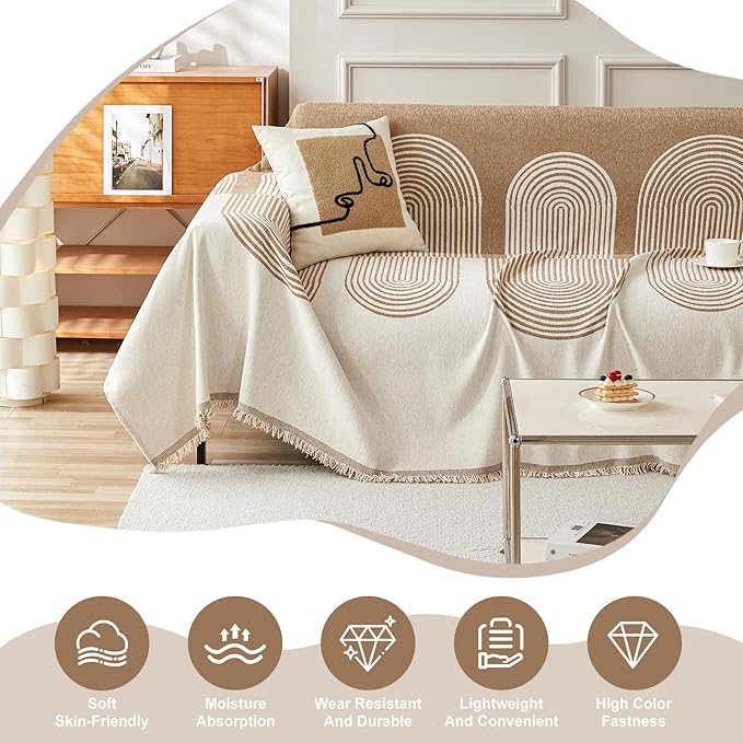 STACYPIK Boho Arched Pattern Sofa Cover Throw, Washable Chenille Furniture Protector for 2 Seater Sofa, Anti Scratch Couch Cover for Dogs Cats, Pet Proof Loveseat Slipcovers Throw Blanket-71X118IN