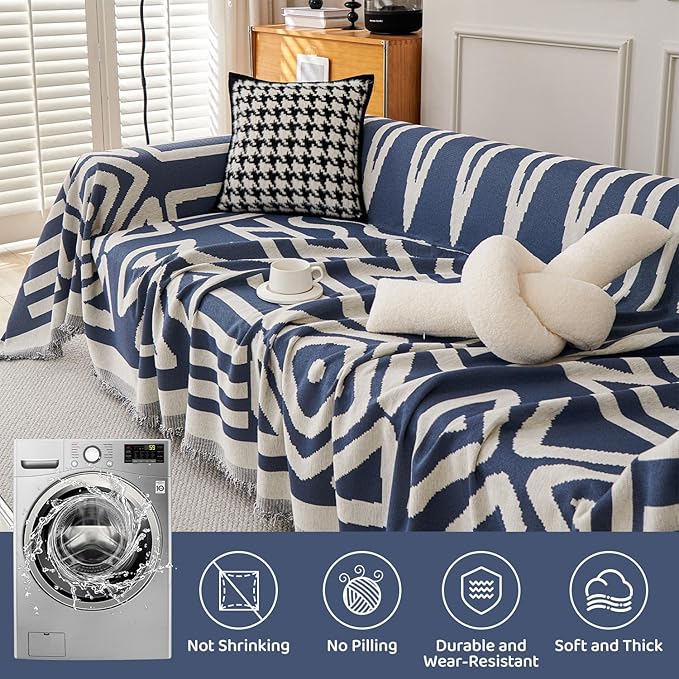 STACYPIK Boho Chenille Blue Sofa Cover L Shaped Couch Cover Reversible Couch Cover for 3 Cushion Couch Non-Silp Furniture Cover for Dogs Cats Sectional Sofa Cover for Loveseat Futon Cover-91X150IN