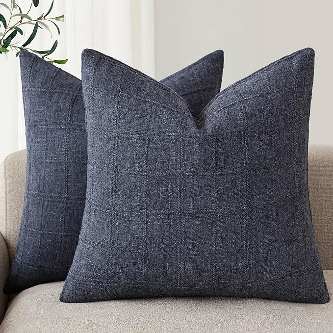 Foindtower Set of 2 Decorative Linen Check Throw Pillow Covers Neutral Farmhouse Vintage Cushion Covers Modern Boho Home Decor for Sofa Chair Couch Bedroom Living Room Outdoor,22×22 Inch,Navy Blue