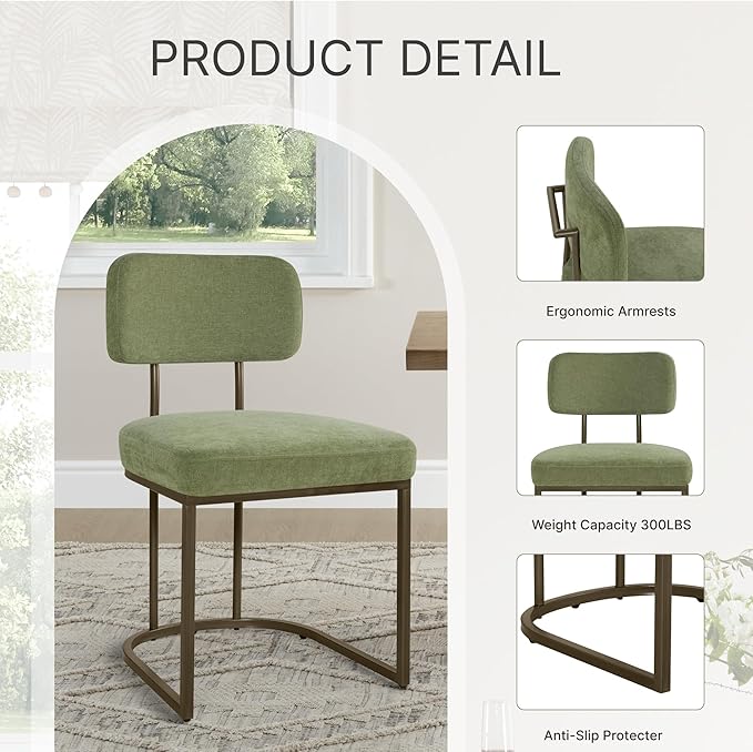 Dining Chairs Set of 6, Upholstered Modern Kitchen Chairs with Ergonomic Backrest, Fabric Cushion Seat & Metal Legs for Living Room, Restaurant, and Café, Green, 2Boxs