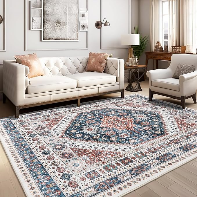 zesthome 8x10 Area Rugs for Living Room,Non-Slip Backing Washable Rugs,Vintage Large Area Rug，Stain Resistant Home Decor Rug (Navy Blue/Red,8'x10')