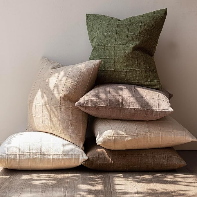 Foindtower Set of 2 Decorative Linen Check Throw Pillow Covers Neutral Farmhouse Vintage Cushion Covers Modern Boho Home Decor for Sofa Chair Couch Bedroom Living Room Outdoor,20×20 Inch,Olive Green