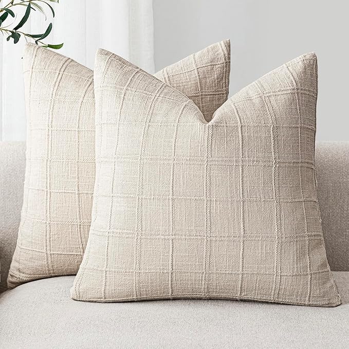 Foindtower Set of 2 Decorative Linen Check Throw Pillow Covers Neutral Farmhouse Vintage Cushion Covers Modern Boho Home Decor For Sofa Chair Couch Bedroom Living Room Outdoor,26×26 Inch,Natural Beige