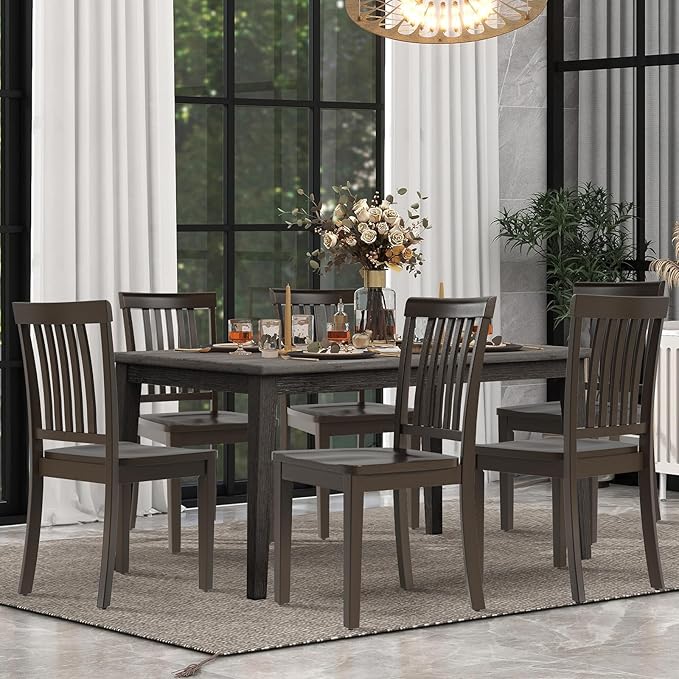 COLAMY Wooden Dining Chairs Set of 4, Solid Rubberwood Kitchen & Dining Room Chairs,Windsor Style Seating, Rustic Dining Table Chairs, Non-Slip Foot Pads, Farmhouse & Traditional Seating,Dark Brown