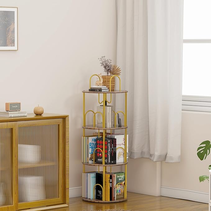 3 Tier Rotating Bookshelf, 360° Spinning Bookshelf Tower, Round Narrow Space Saving for Books and Display, Revolving Bookcase Corner Tall Book Shelf for Small Spaces, Bedroom, Living Room, Gold