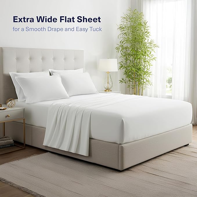 Kickoff Viscose Bamboo Sheets Full Size 4-pc 100% Organic Bamboo Viscose Bed Cooling Sheets Full Size Set Cool Bedding for hot Sleepers Sheet, Flat, Fitted, Pillowcases (Snow White, F)