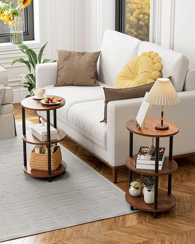 Small Round Side Table - 3-Tier Oval Accent Table for Small Spaces, Rustic Wood and Metal Couch End Table, Nightstand for Bedroom or End Table Living Room, Set of 2, Rustic Walnut