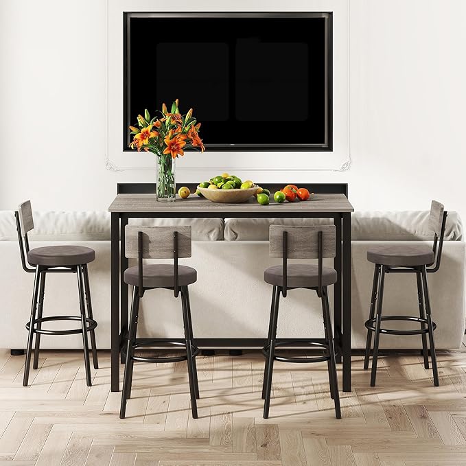 Tatub Bar Table and Stools Set of 4, 5 Piece Counter Height High Breakfast Table Chairs Set of 4 for Dining Room, Gray