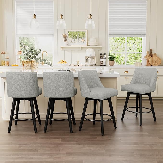 Vipbear Swivel Counter Height Bar Stools Set of 2,26.8" H Counter Stools with Back, Mid Century Modern Bar Stools for Kitchen Island,Linen Fabric,Wooden Base, Light Gray