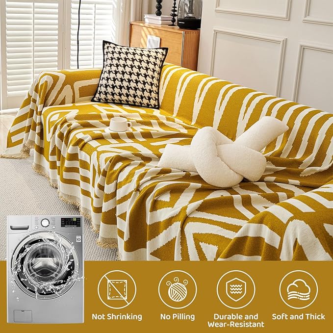 STACYPIK Mustard Yellow Boho Sofa Cover Couch Cover Reversible Jacquard Furniture Protector for 3 Cushion Couch L Shaped Sofa Slipcover Non-Silp Sofa Cushion Covers for Sectional with Tassels-91X134IN