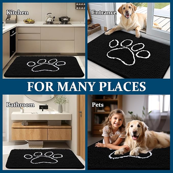OLANLY Door Mat for Muddy Dog Paws 59x35, Ultra Absorbent Chenille Mud Doormat with Paw Print Design, Non-Slip Washable Doormat for Indoor Entryway, Quick-Dry Pet Bed Mats for Dirty Dogs, Black