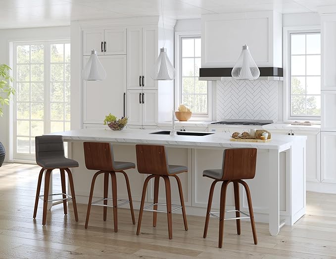 Armen Living Vienna 26" Swivel Counter Stool in Walnut Wood Finish with Gray Faux Leather - Set of 2