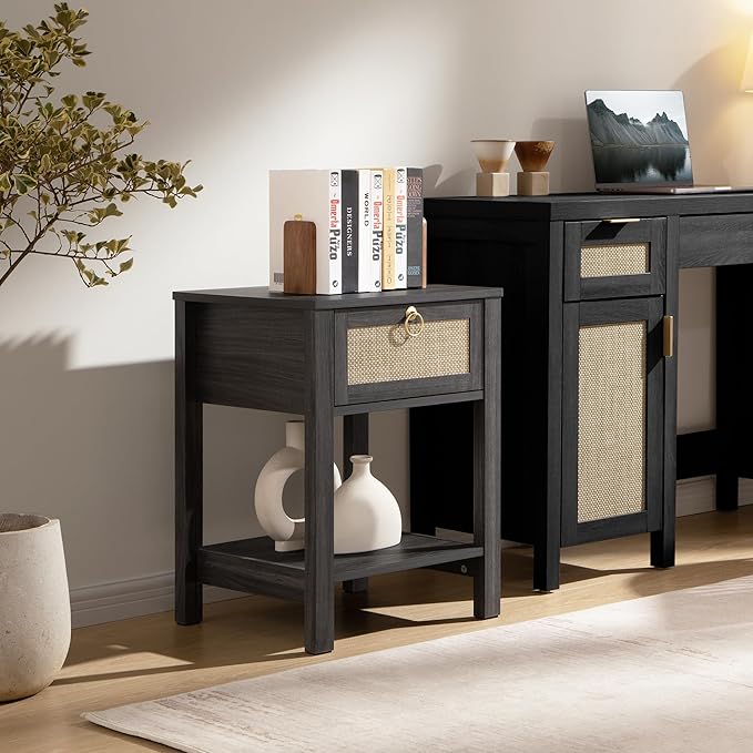 SICOTAS Rattan Nightstand Set of 2, Rattan Decor Drawer with Brass Knobs Night Stand Bedside Table Boho End Tables Side Tables with Storage Shelf for Bedroom,Small Space