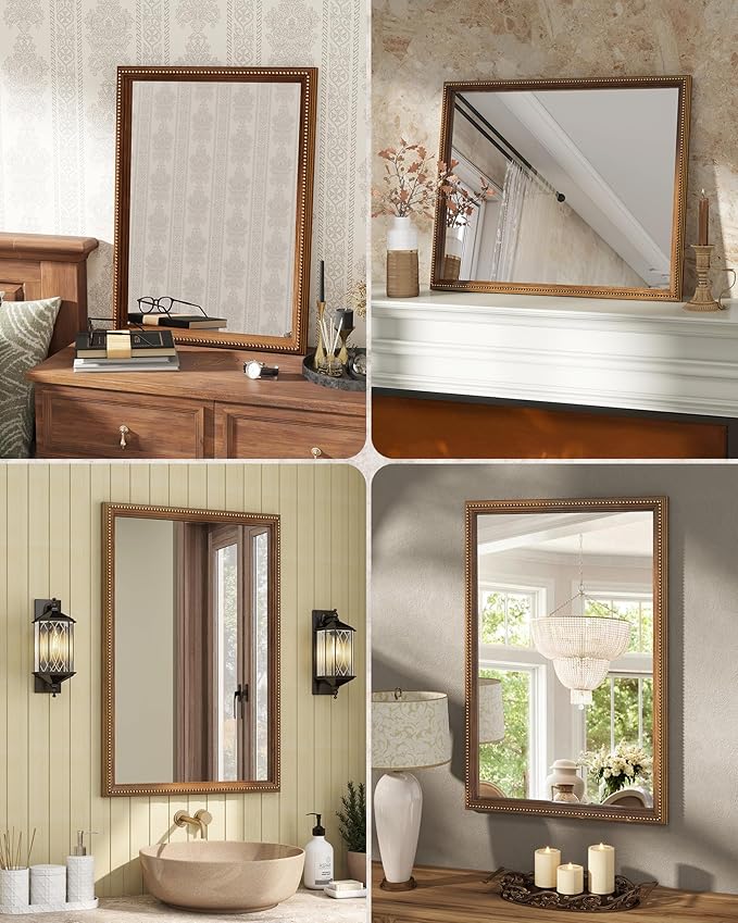 Axeman 24x36 Wood Wall Mirror, Rustic Bathroom Mirror, Vintage Wall Mounted Mirror Tempered Glass with Beaded Wooden Frame for Farmhouse Living Room Vanity Bedroom Entryway, Bronze