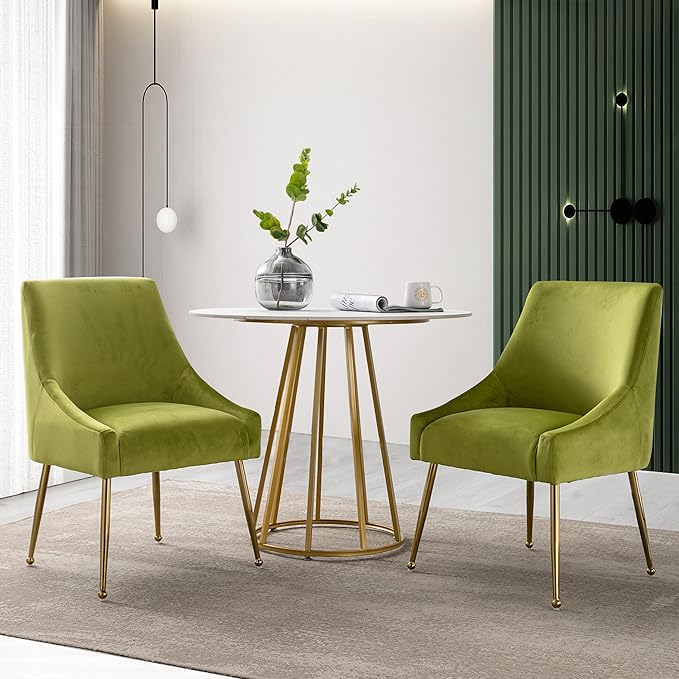 Modern Velvet Dining Chairs Set of 2, Contemporary Upholstered Furniture Collection with Polished Gold Metal Legs, Elegant Accent Chairs for Kitchen Living Room(Yellow Green)