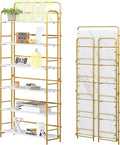 4NM No Assembly Folding Bookshelf 6 Tiers Vintage Industrial Gold Book Shelf Metal Foldable Storage Bookcase and Bookshelves for Living Room,Bedroom and Kitchen - White and Gold