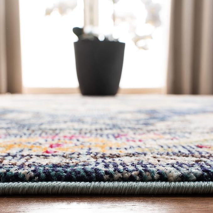 SAFAVIEH Monaco Collection Area Rug - 6'7" Round, Navy & Light Blue, Boho Chic Medallion Distressed Design, Non-Shedding & Easy Care, Ideal for High Traffic Areas in Living Room, Bedroom (MNC243N)