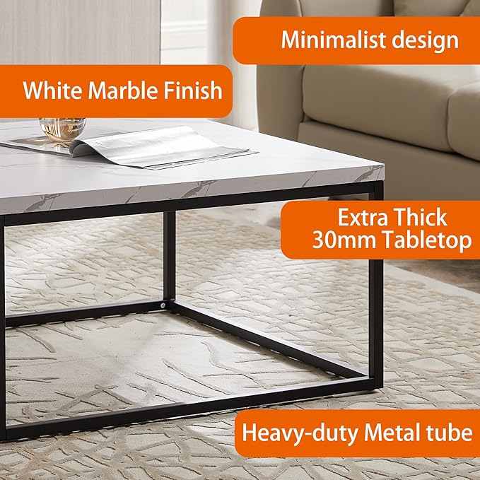 CENSI 40-Inch Marble Accent Coffee Table Ottoman for Living Room, Rectangle, Mid-Century Modern Industrial Style, Extra Thick Top, Wood and Metal (White Marble)