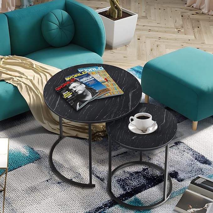 Black Marble Nesting Coffee Table for Small Place 24 in 2 Sets High Side End Sofa Table Nightstand Modern Furniture Living Room Cabin Bed Room Dining RoomGarden 4 You (Black Marble)