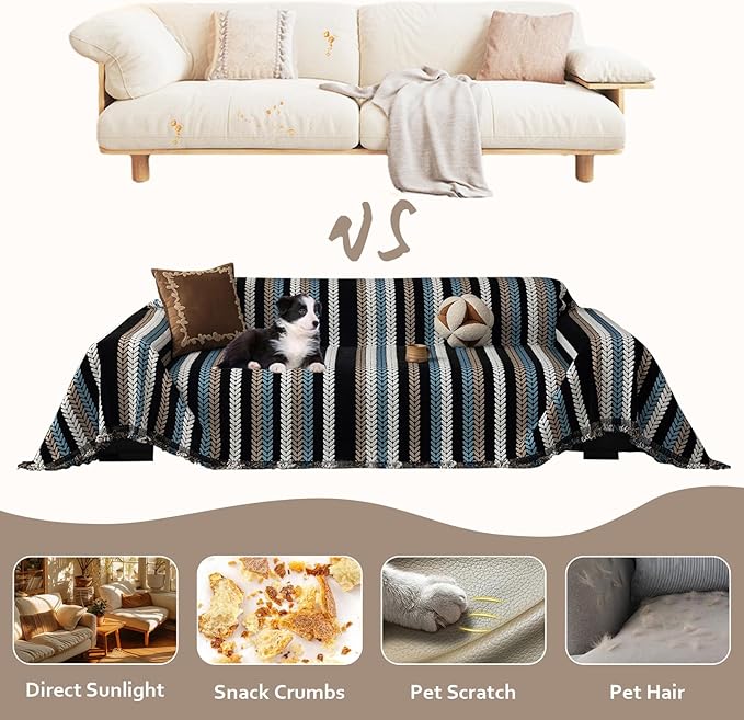 STACYPIK Boho Chenille Sofa Cover, Soft Jacquard Leaves Couch Cover, Non-Slip Loveseat Cover for Sectional Sofa, Washable Pet Protector for 3 Cushion Couch,Multi-use Vintage Throw Slipcover-71x150IN