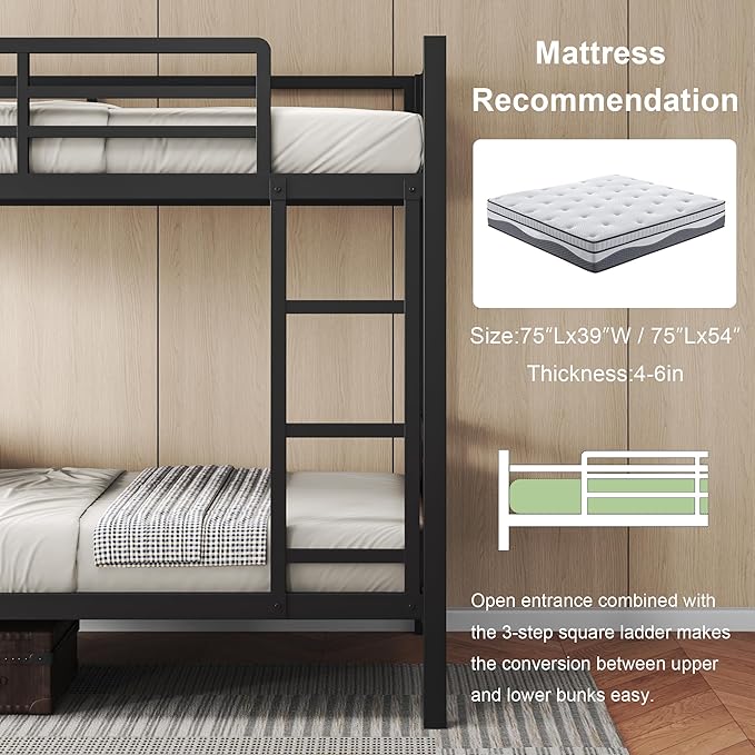 Feonase Metal Bunk Bed Twin Over Twin with Ladder and High Guardrail, Heavy-Duty Metal Slats Support, Noise Free, No Box Spring Needed, for Kids and Juniors, Vintage