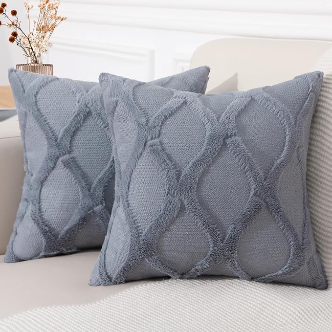 decorUhome Throw Pillow Covers 20x20 Inch Set of 2, Soft Plush Faux Fur Wool Blue Grey Couch Pillow Covers, Decorative Neutral Pillow Cases for Bed Sofa Living Room Home Decor
