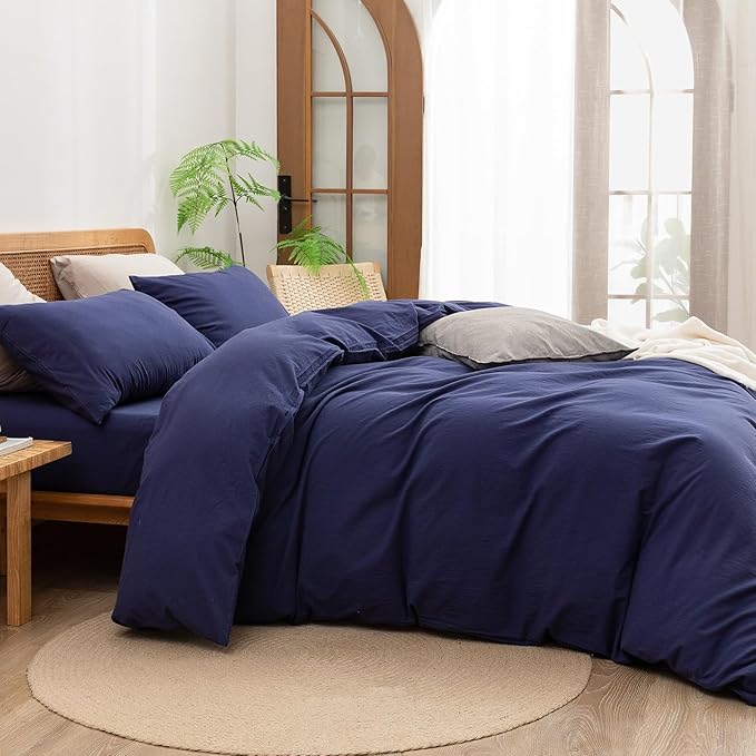 BESTOUCH Duvet Cover Set 100% Washed Cotton Linen Feel Super Soft Comfortable Chic Lightweight 3 PCs Home Bedding Set Solid Navy Blue Super King Plus
