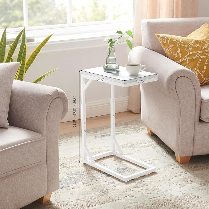 C-Shaped End Table, Small Sofa Table with Metal Frame, Adjustable Height Side Table for Couch, Living Room, Bedroom, Bedside (White, Large)