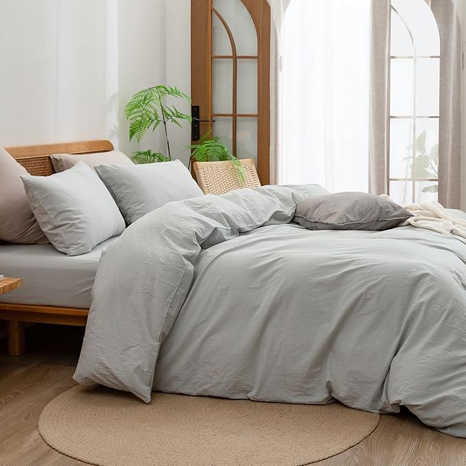 BESTOUCH Duvet Cover Set 100% Washed Cotton Linen Feel Super Soft Comfortable Chic Lightweight 3 PCs Home Bedding Set Solid Northern Droplet Grey Oversized Full