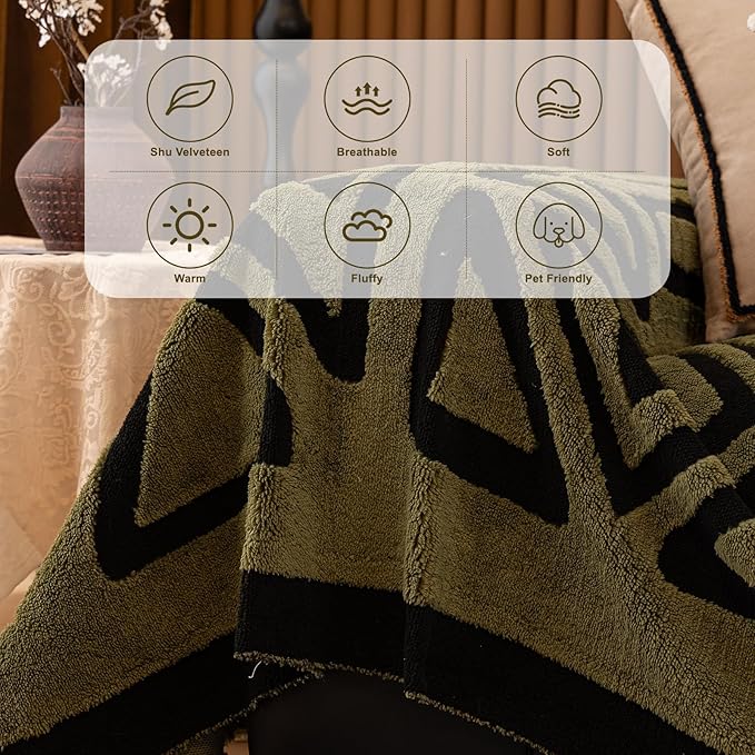 HANDONTIME Olive Green Sofa Covers for Sectional Sofa Boho Couch Cover for Dogs Christmas Green Throw Couch Cover Shu Velveteen Black Loveseat Covers Short Plush L Shaped Cover Washable, 71" X150"