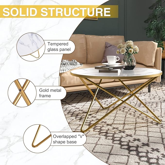 HLR Round Coffee Table with White Faux Marble Top