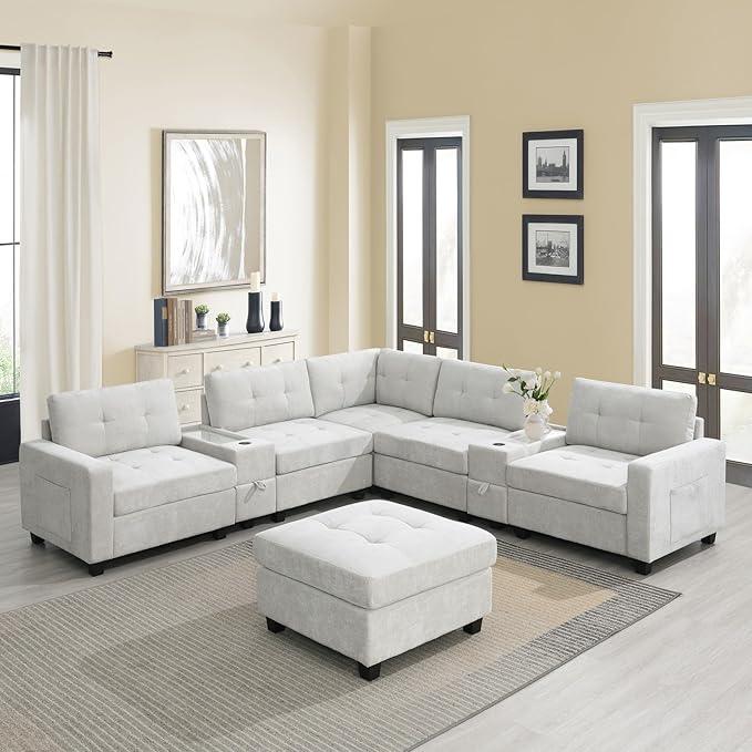 Merax 6 Seater Chenille Sectional Couches with 2 Acrylic Table Top Consoles, Upholstered Modular Tufted Sofa Chaise with Ottoman, Storage Drawers, Pockets, USB Charger & Cup Holders for Living Room
