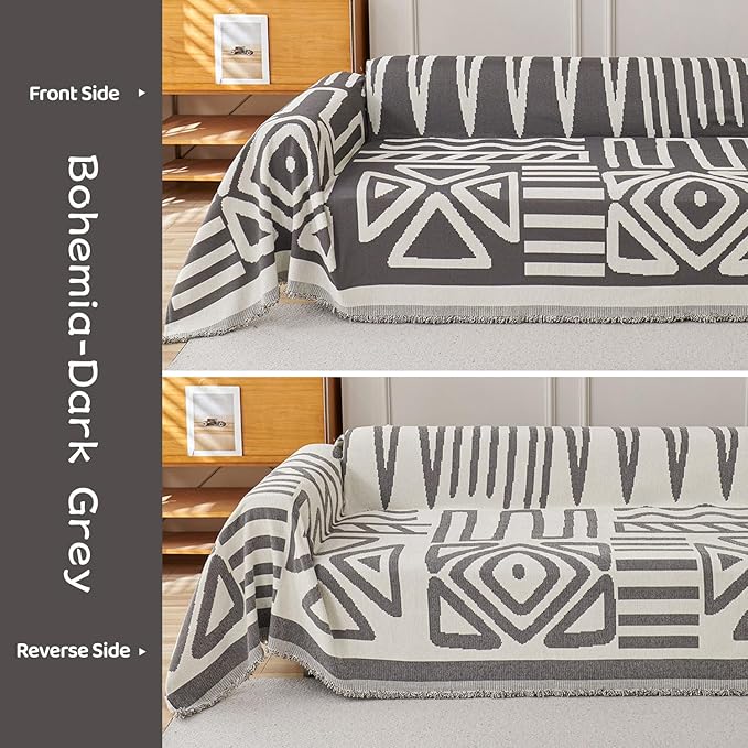 STACYPIK Simple Dark Grey Boho Sofa Cover for Sectional Soft Tassel Chenille Couch Cover for 3 Cushion Couch Reversible Loveseat Cover for Dogs Cats Non-Silp Furniture Cover Multi-Use Blanket-91x118IN